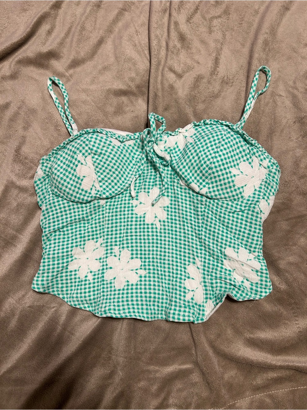 Green Gingham Floral Tie-Front Cami Top size M